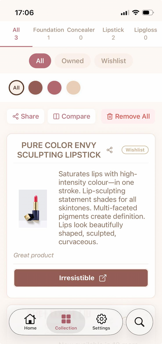 Collection screen showing saved shades with owned and wishlist filters