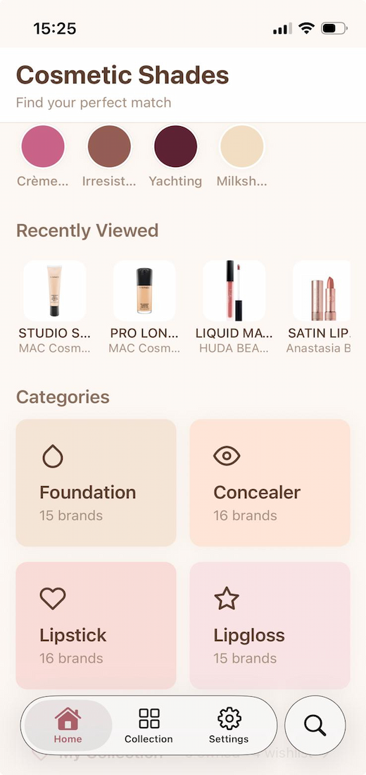 Cosmetic Shades app home screen showing shade categories and recent shades