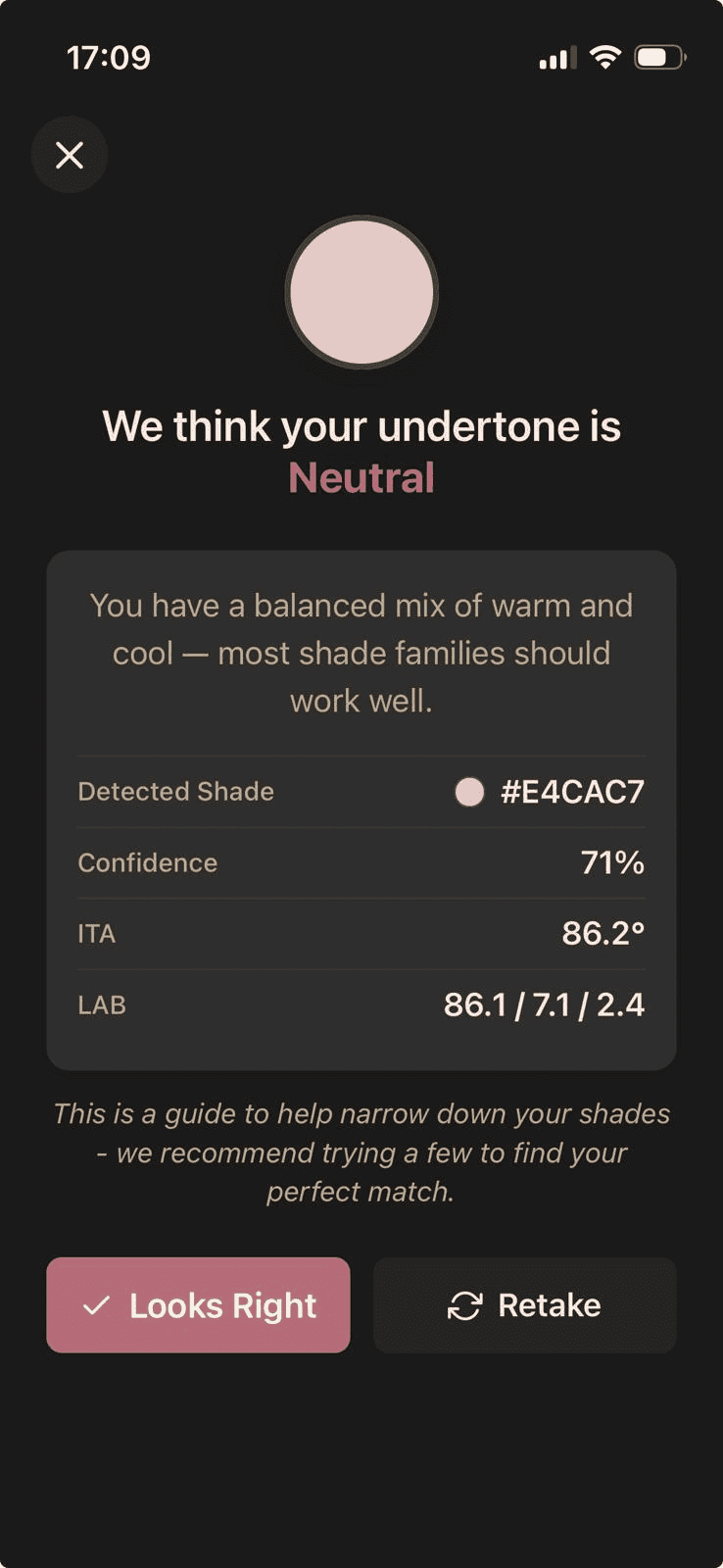 Skin analysis result showing detected undertone, confidence percentage, and LAB values